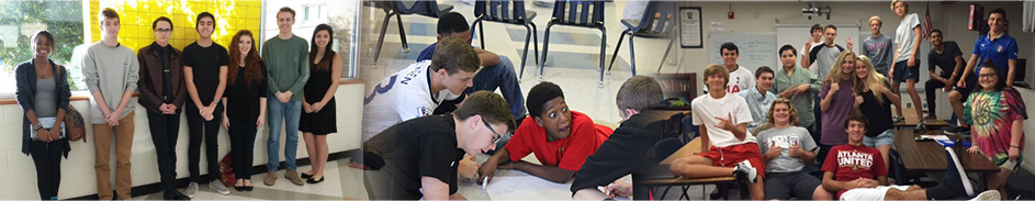 Students pose in a hallway, on the floor of a classroom and in a classroom