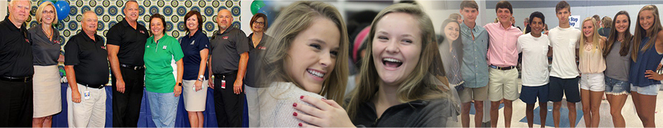 Staff members pose together, two female students laugh and hug and eight students pose together