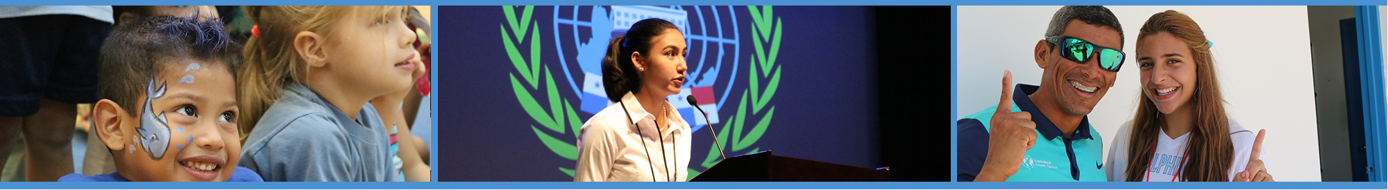 ISP students smiling, student speaking at Panamun and staff member with student
