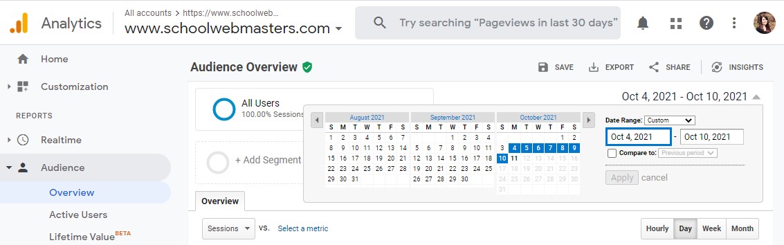 Select a date range in Google Analytics