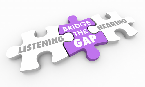 puzzle pieces with the words listening, bridge the gap, and hearing