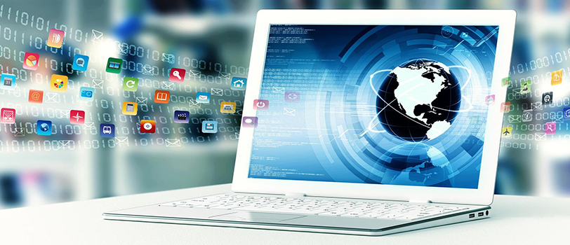 Laptop computer with application icons flying out of it