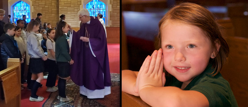 Students practice religious service and closeup of girl praying