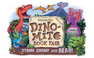 Scholastic Dino-mite Book Fair logo. Stomp, Chomp, and Read!