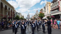 The Paramus High School Spartan marching band performs on Main Street in Magic Kingdom