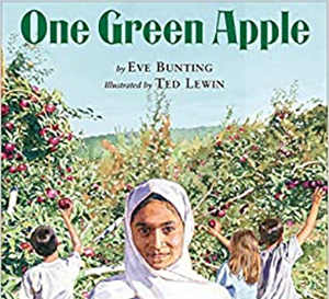 Book Cover of One Green Apple by Eve Bunting and illustrated by Ted Lewin