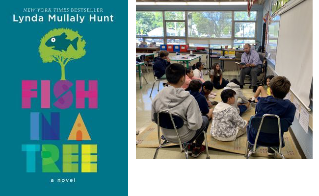 Book cover of Fish in a Tree and teacher reading to a group of students