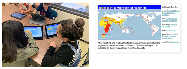 students looking at laptops, graph of the migration of hominids