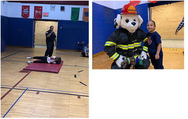students practicing stop, drop, and roll and little girl with Sparky the fire dog