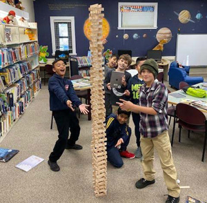 Students building towers