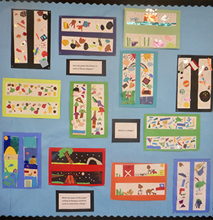 Student collage art displayed on a bulletin board