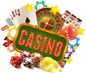 Casino graphic with cards, chips and dice