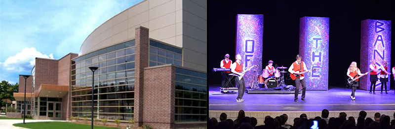 Grant Fine Arts Center building next to photo of a performance inside the theatre