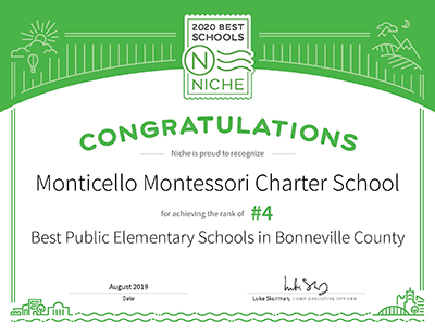 2020 Best Schools certificate awarded to Monticello Montessori Charter School