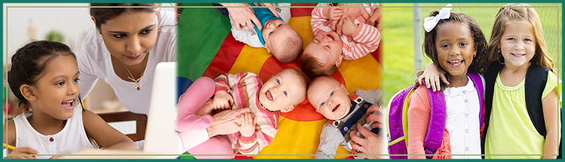 Mother helping a child, parents tickling babies and two smiling girls stand together.
