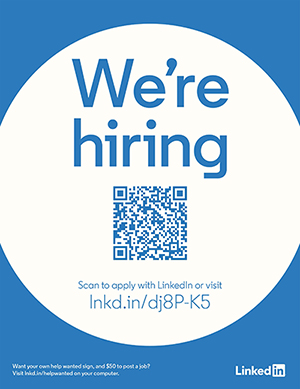 We're hiring. Scan to apply with LinkedIn or visit lnkd.in/dj8P-K5
