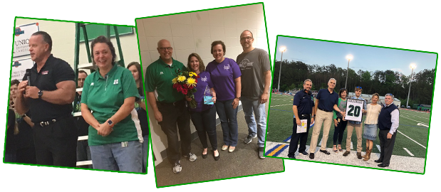 3 photos of teachers - teachers at assembly, teachers with flowers, and teachers on football field.