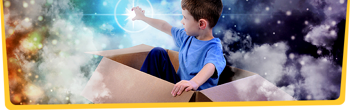 Boy imagining in box