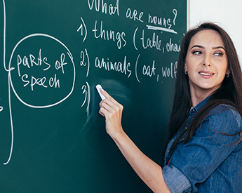 English teacher writing on the chalkboard
