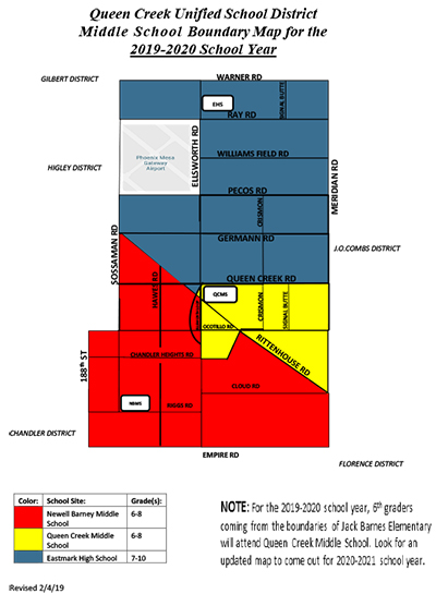 Queen Creek Unified School District Middle School Boundary Map for the 2019-2020 School Year